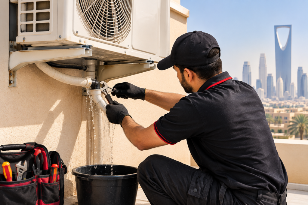 Desert AC water leak repair service in Saudi Arabia.