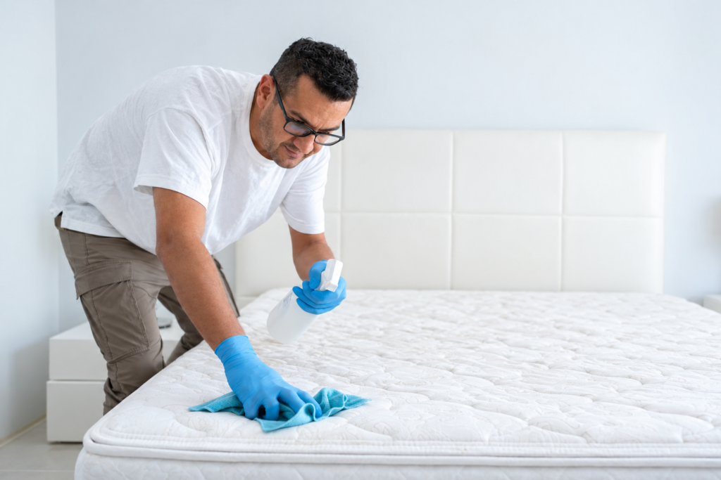 Professional mattress cleaning service using a spray bottle and microfiber cloth.