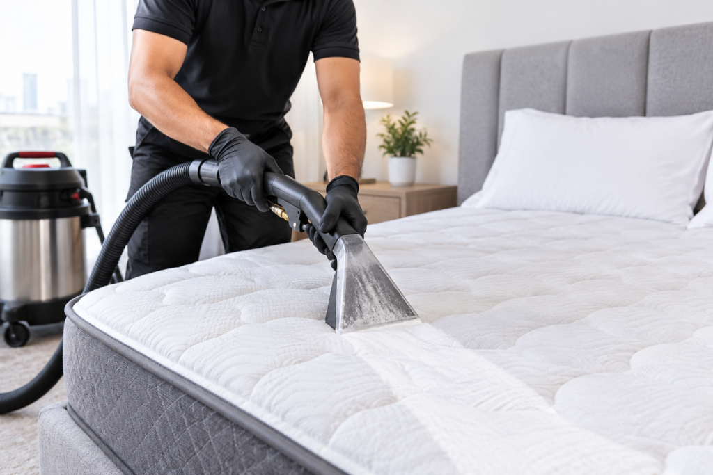 Professional mattress cleaning with an upholstery extraction machine.