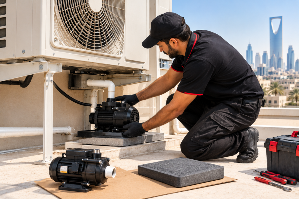 Desert AC pump and pad replacement service in Saudi Arabia.